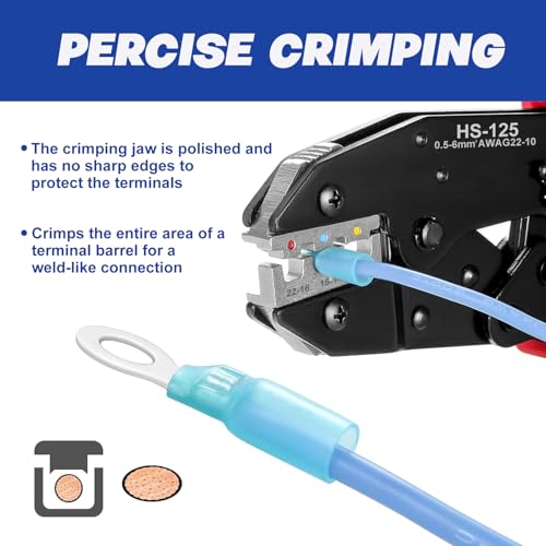Crimping Tool for Heat Shrink Connectors AWG 22-10 with 120PCS Marine Grade Heat Shrink Butt Connectors of Tinned Red Copper - Electrical Wire Crimper Tool with Ratchet
