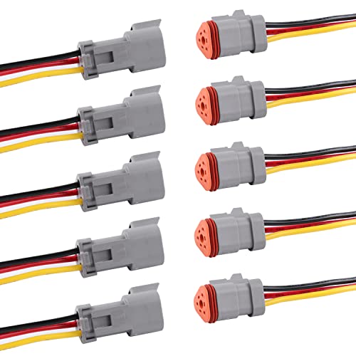 Deutsch DT 3 Pin Connector 5 Sets - 3 Way DT Automotive Waterproof Male Female Plug Wiring Harness for Car, Truck, Boats, LED Work Light, 16 AWG. (5 Sets 3 Pin, Grey) - size: 3-pin