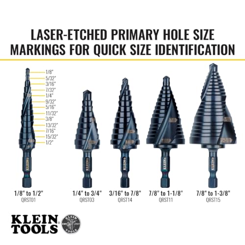 Klein Tools QRST01 Step Drill Bit, Quick Release Spiral Double-Fluted, 1/8 to 1/2-Inch, Hex Shank, Cut Steel, Wood, Plastic, Aluminum - size: 1/8 to 1/2-Inch, style: Quick Release