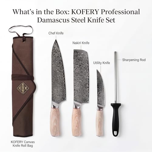 KOFERY Butcher Knife Set in Damascus Steel for Grill & Pit Masters - color: Natural-Wood