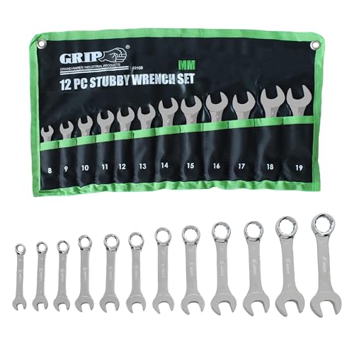 Grip 12 pc Master Stubby Combination Wrench Set Metric - 12 Point 15 Degree Offset Boxed End - Chrome Vanadium Steel - Chrome Plated - Storage Pouch - size: MM