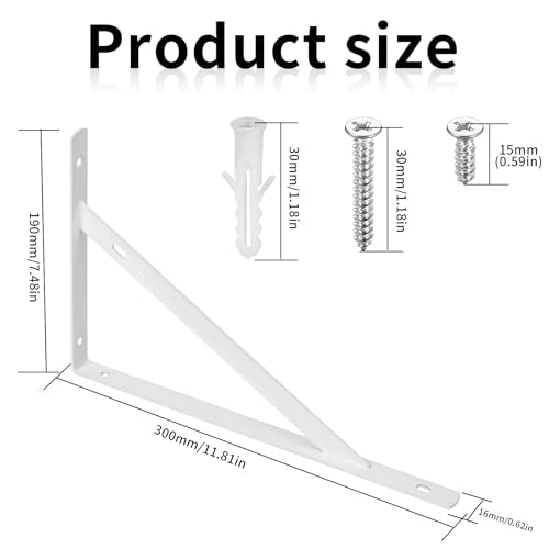8 Pcs Heavy Duty Shelf Brackets, Floating Metal Shelf Brackets, White, 11.81 x 7.48 Inch, Wall Mount, Powder Coated Iron - size: 11.81 x 7.48 inch White