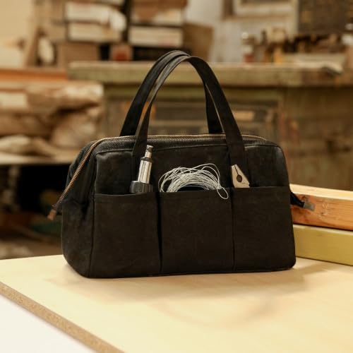 Tool Bag with Zipper, Heavy Duty 16oz Waxed Canvas Wide Mouth Tool Tote Bag, 13-inch Muti-Purpose Storage Tool Pouch with Side Pockets - color: Black, size: 13 Inch