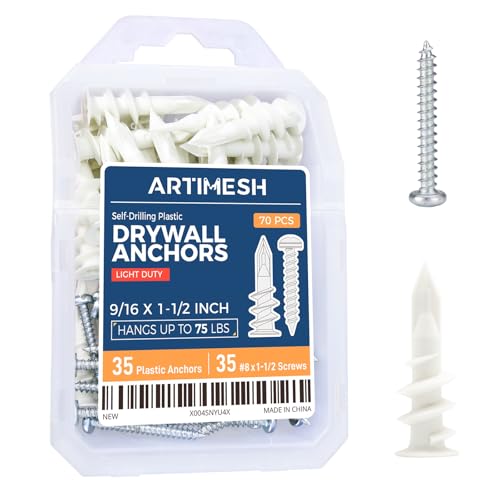 8# 70PCs Self Drilling Drywall Anchors Kit - 75LBs Heavy Duty Plastic Drywall Hangers with 35 Self-Tapping Screws - Mounting Hardware for Sheetrock Anchors