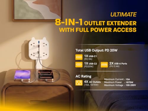 Outlet Extender Stick, 360° Rotating Wall Plug with 4 AC Outlets, USB-C PD 20W Fast Charging, 2 USB-A & 2 USB-C Ports, 18"-27" Adjustable Electrical Power Strip for Hard-to-Reach Outlets