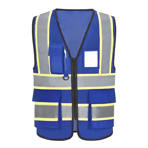 A-SAFETY Mesh High Vis Vest, Reflective Construction Vest with Pockets - color: Blue, size: X-Small