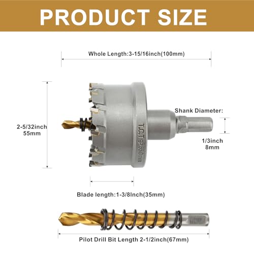 2-5/32'' TCT Hole Saw Kit Tungsten Carbide Tipped Hole Saw Drill Bit with Titanium-Plated Pilot Drill bit for Metal, Stainless Steel, Iron (55MM) - size: 55MM | 2-5/32''