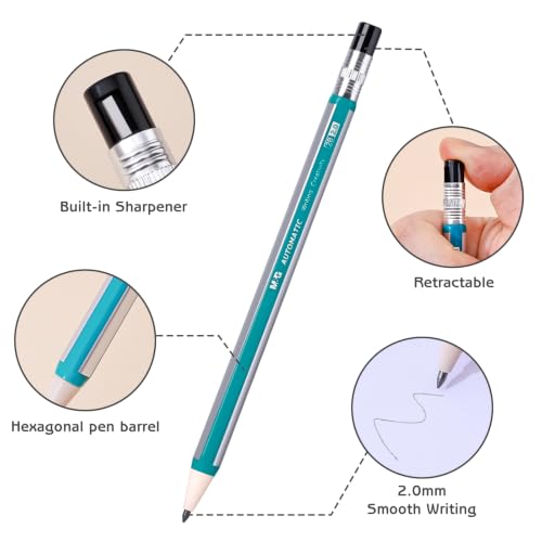 M&G Mechanical Pencil Set, 4 Pcs 2.0mm Mechanical Pencils with 6 Pcs 2B Extra Refill Leads, Automatic Pencil with Built-in Sharpener for Writing Art Drawing Sketching Construction Carpenter Drafting