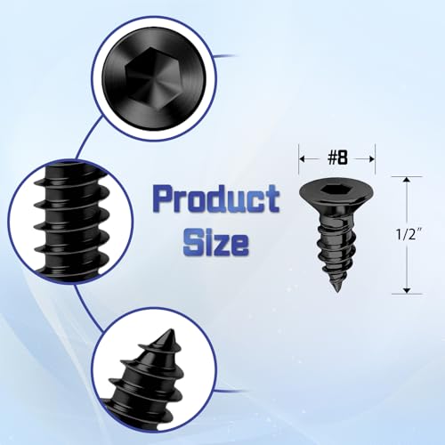 200-Piece #8 x 1/2" Flat Head Hex Socket Self Tapping Screws - Black Zinc Plated Steel, Countersunk Wood Screws with Drive Bit, for Woodworking & Furniture Repair - size: #8 x 1/2"