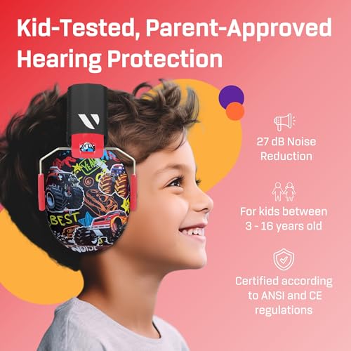 Kids Noise Canceling Headphones - 33 dB (2K Hz) - Ear Protection Earmuffs | Vanderfields' earmuffs protect child's hearing with certified noise-cancellation, soft ear cushions, and adjustable headband - color: Monstertruck