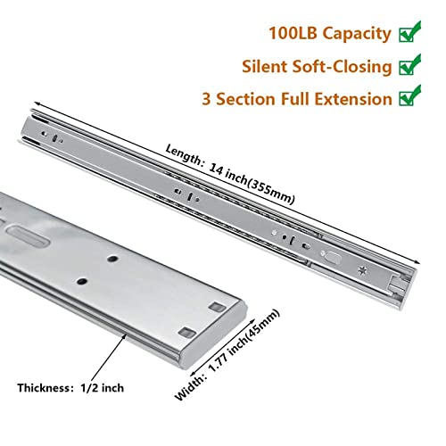 LONTAN 1 Pair Soft Close Drawer Slides 14 Inch Heavy Duty Cabinet Rails - color: Silver-Soft Close, size: 14 Inch - Drawer Slide