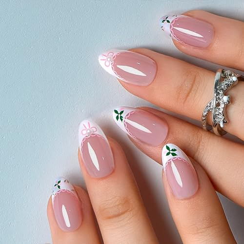 CurvLife Soft Gel Almond Press On Nails Medium, Long-Lasting Reusable Fake Nails Kit with Glue & Tabs, 30pcs Salon-Quality Stick On Nails for Women At-Home Manicure (Lace Bloom) - color: A7 - Lace Bloom