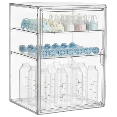 HBlife Baby Bottle Storage Organizer for Countertop Cabinet, 3 Tiers Adjustable Clear Acrylic Bottles Storage Station Case Box Container with 2 Removable Dividers and Magnetic Door, X-Large - size: X-Large, style: 3-Tier Single Door
