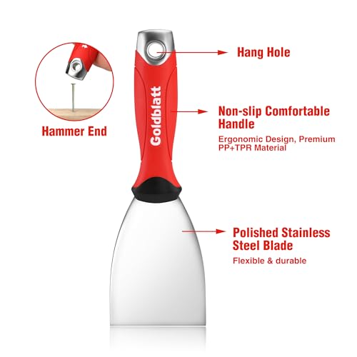 Goldblatt 3" Putty Knife, Stainless Steel Scraping Paint, Putty Knife Scraper with Hammer End, Soft Grip, Perfect for Drywall Repairing and Finishing - size: 3 Inch