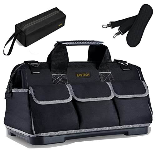 FASTECH 20-inch Wide Mouth Tool Bag with Water Proof Molded Base, Waterproof Tool Organizer Bag for Men with Adjustable Shoulder Strap (Grey-20INCH) - size: 20 inch-Grey-With Bottom Shell