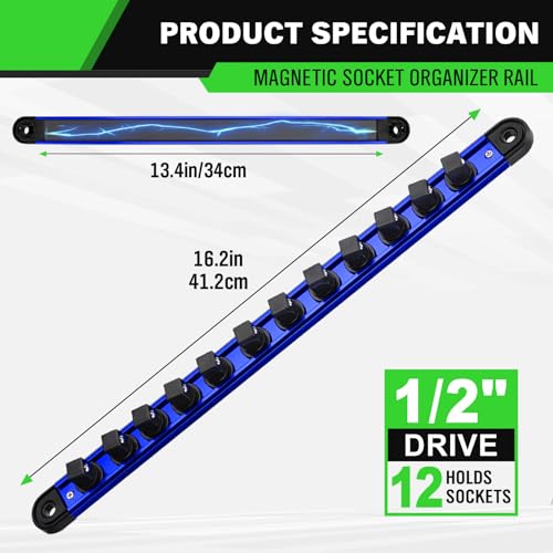 1/2-Inch Magnetic Socket Organizer Rail, Aluminum Alloy Socket Rail, Heavy Duty Sockets Holder with 12 Clips, 360° Swivel Clip Tool Tray, Sockets Organizer for Tool Box Drawer (Blue) - style: Blue 1/2-inch
