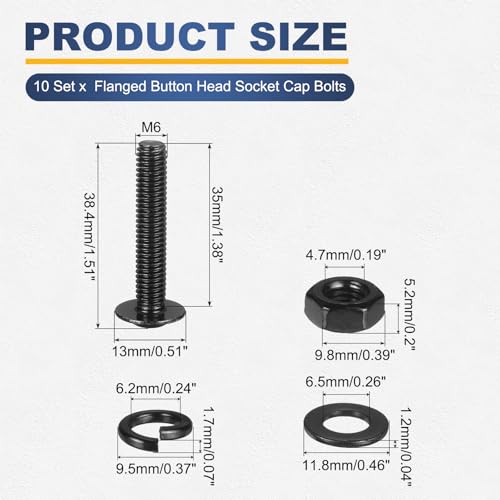 M METERXITY 10 Set M6 x 35mm Flanged Button Head Socket Cap Screws, Black 304 Stainless Steel 18-8 Hex Socket Head Screws Bolts, Nuts, Flat & Lock Washers for DIY, Furniture, Automotive - size: M6 x 35mm