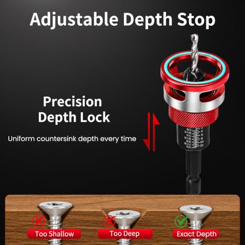 Countersink Drill Bit Set with Depth Stop, 5 PCS TCT Cutters & HSS Bits