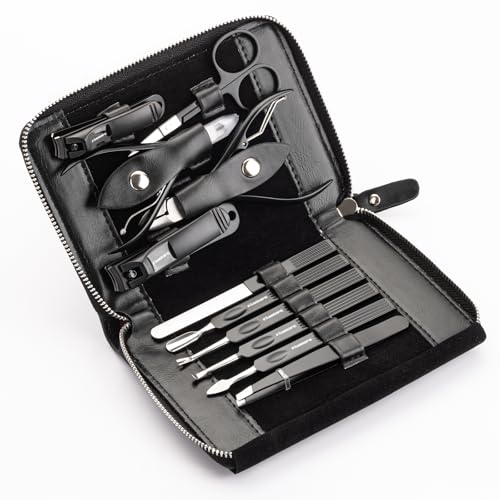 FAMILIFE Stainless Steel Manicure Set 11-in-1 Professional Nail Clipper Kit | Portable Leather Travel Case, Pedicure & Grooming Tools for Fingernails & Toenails, Luxury Gifts for Men & Women, Matte Black - color: Black-1