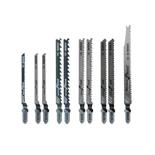 Bosch T-Shank Jig Saw Blade Set, 10 Pieces, 3-1/4'' - 4-5/8'', 6-20 TPI, In Robust Case, For Wood - size: One Size