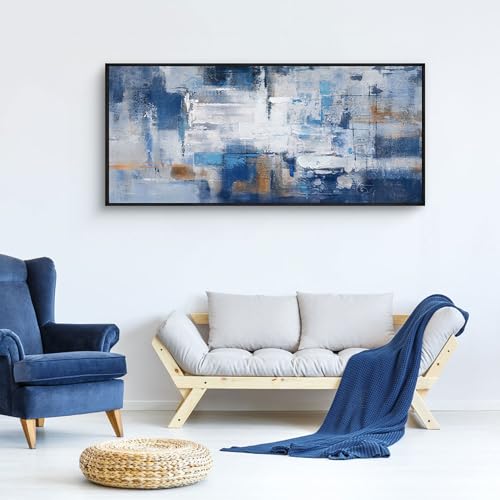 KLAKLA Living Room Wall Art - Navy Blue Abstract Large Paintings Artwork Picture Framed Canvas Bedroom Office Home Decoration Huge Art Work for Wall Decor - 70x31 Inches - color: Blue-White-Gray + Black frame, size: 70"L x 31"W