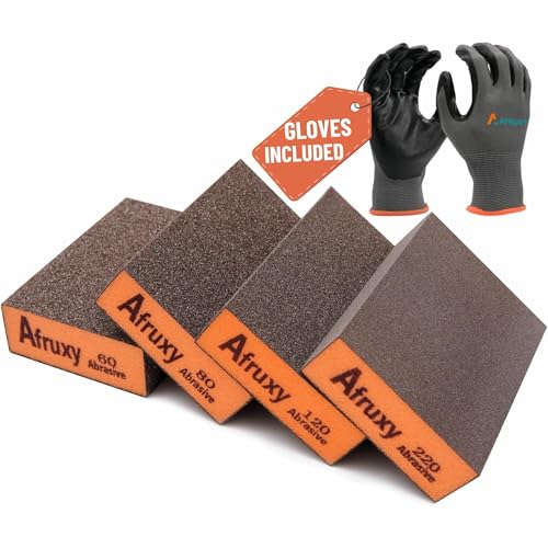 Sanding Sponge, 60/80/120/220 Grit 4-Pack with Protective Gloves, Coarse Fine Medium Grit Sanding Block, Reusable Dry Wet Sanding Blocks for Wood, Drywall,Metal, Fine Sandpaper Sand Block by Afruxy - size: Assorted 4 Pack