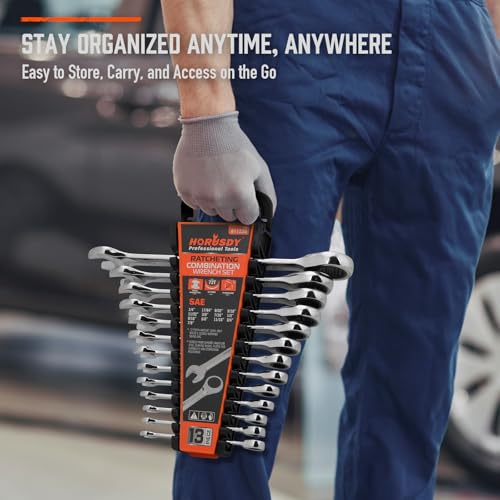 HORUSDY 13-Piece Sturdy Ratcheting Wrench Set | SAE 1/4''–7/8'' | Max Torque Ratchet Combination Wrenches Set with Storage Rack | 72-Tooth | Chrome Vanadium Steel - style: 13pcs SAE Ratchet Wrench Set