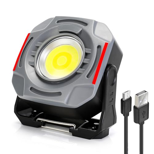 SUNPRO Magnetic Job Site Light Rechargeable FloodLight with Hook(1, Grey) | Portable Work Light with 270° Rotating Stand Stepless Dimmable Flashlight for Home Hurricane Camping Car Repaire Emergency