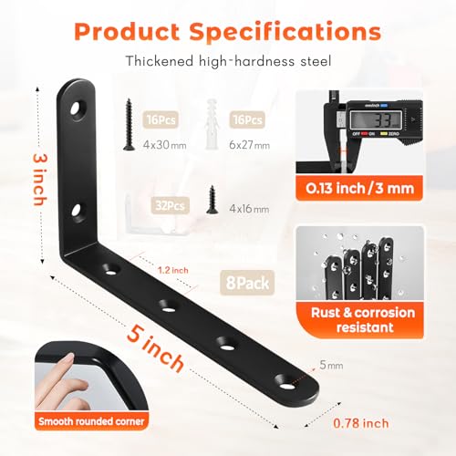 Shelf Bracket 8 Pack 5" Lx3 H 5mm Thick Heavy Duty Black L Brackets - color: Black-8pack, size: 5"Lx3"Wx0.78"W