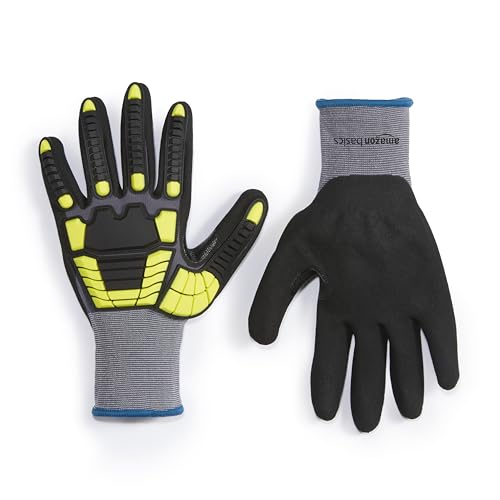Amazon Basics Cut Level A1, Abrasion ANSI Level A4, Impact Resistant Safety Work Gloves, Touch Screen Friendly, Sandy Nitrile Coated Palm, Yellow, Size X-Large, 120-Pack - size: X-Large