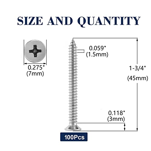 #7 x 1-3/4" Wood Screw 100Pcs 18-8 (304) Stainless Steel Screws Flat Head Phillips Fast Self Tapping Drywall Screws by SG TZH - size: #7 x 1-3/4"
