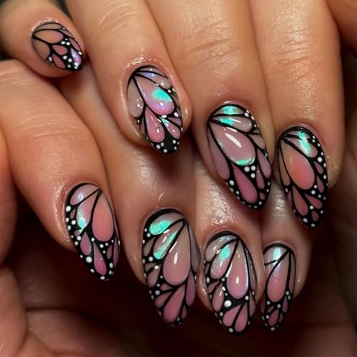 3D Butterfly Wing Press On Nails Almond - 24PCS Pink Iridescent Medium Fake Nails with Design, Glossy Reusable Stick On Nails for Women, Cute Nail Art for DIY, Party, Daily Wear - color: 12-Enchanted Rhythm Wing