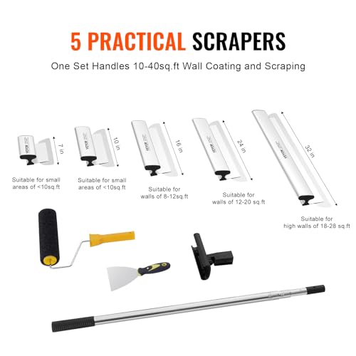 VEVOR Drywall Skimming Blade Set, 7/10/14/16/24 in Skimming Blades + 34-81.6 in Extension Handle Pole, Stainless Steel Knife Professional Skim Coat Tools, for Gyprock/WallBoard/Plasterboard - size: 7"+10"+14"+16"+24", style: With Extension Handle