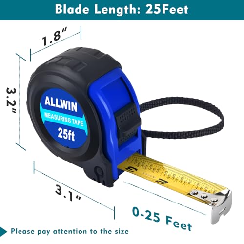 Tape Measure 25 Ft - Metal Retractable Tape Measure with Fractions, Easy Read, 1-inch Wide X 25 Foot - Dark Blue - color: Dark Blue