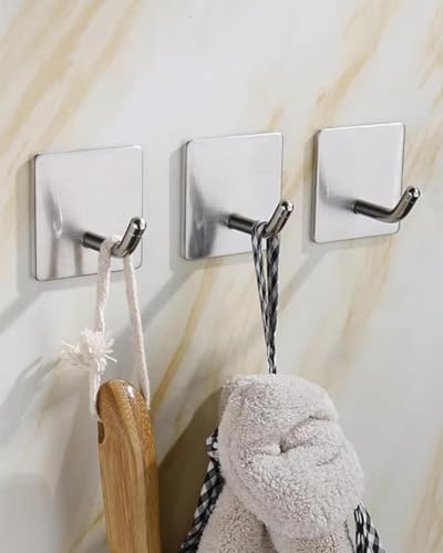 8 Pack Adhesive Wall Hooks, Self-Adhesive Hooks for Bathroom, Door Back Stick-On Towel Hooks, Hanging Coat Hat Key Washcloths Aprons Oven Mitts for Kitchen Shower Garage Home, Silver - color: Silver-45°