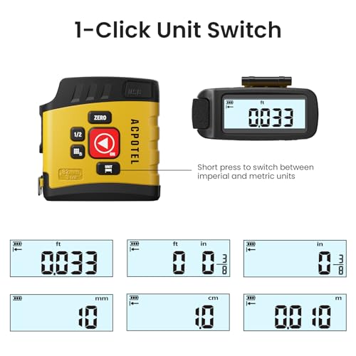 ACPOTEL Digital Tape Measure 16ft, LCD Display, 6 Metric & Imperial Units - color: Yellow