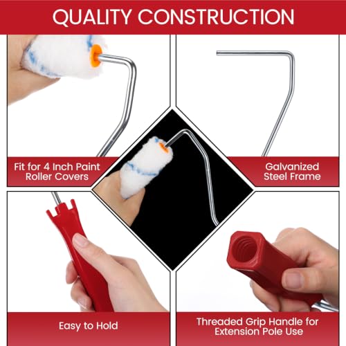 Leumoi 48 Pcs 4 Inch Mini Paint Roller Frame Threaded Grip Handle, Red - color: Red