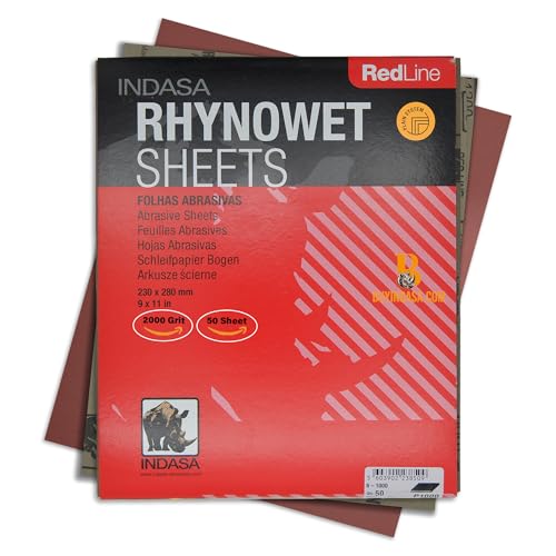 INDASA Rhynowet Red Line Wet Dry Sanding Sheets 9 x 11 Inch 2000 Grit Waterproof Latex Backing Abrasive Paper for Wood Metal Automotive Surface Prep Pack of 50 - size: 2000-Grit 9"x11" Silicon Carbide
