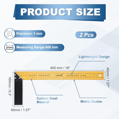 HARFINGTON 2Pcs Woodworking Square Ruler 16" Carbon Steel Try Square Metric Precision Framing Carpenter Tool Right Angle Ruler with Aluminium Handle for Professional Carpentry, Yellow Black - size: 16"