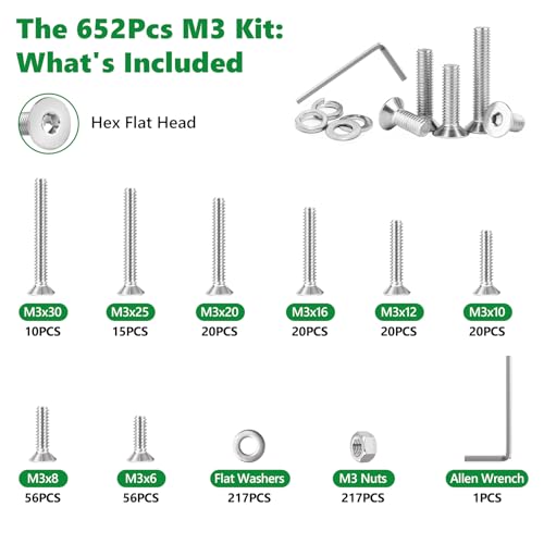 652 Pcs M3 Flat Head Screws Nuts Washers Wrench Kit, 304 SS - size: SS M3 652pcs 1