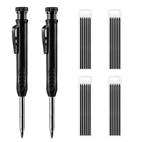 SEIWEI Carpenter Pencil with Sharpener, Mechanical Pencils Set with 26 Refills, Deep Hole Marker Construction Pencils Heavy Duty Woodworking Pencils for Architect (Black) - With 2 Case