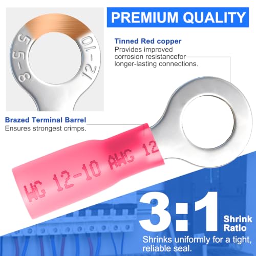180Pcs Copper Wire Lugs Kit, Battery Cable Ring Terminal Connector with Heat Shrink Tubing, AWG 2 4 6 8 10 12 14 16 Gauge Heavy Duty Wire Connectors Terminal Set for Car Solar Marine RV Wiring - size: 180Pcs