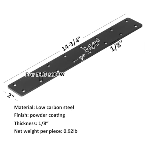 6 Pack 14-3/4" x 2" Black Flat Mending Plate, Metal Steel Long Bracket - size: 14-3/4" x 2"