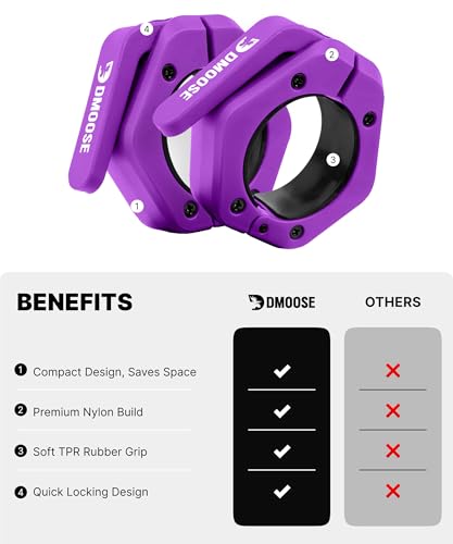 DMoose Fitness Barbell Clips 2 Inch (Pair) - Quick Release Olympic Barbell Clamps & Collars with Anti Slip TPR Grip for Secure Weightlifting and Powerlifting - Weight Clips for Bars at Home or Gym - color: Purple, style: Non Magnetic