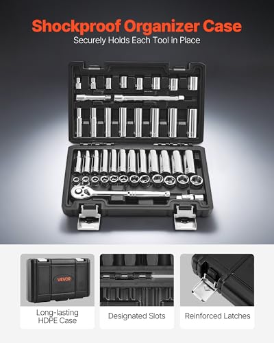 VEVOR Socket Set, 44 Pieces, 3/8 inch Drive Socket and Ratchet Set, SAE and Metric, Deep and Shallow, Mechanic Tool Kit with Accessories and Storage Case, CR-V Alloy Steel, for Automotive Repair - size: 44-PCS