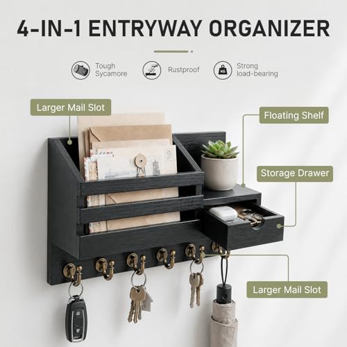 FifthQuarter Key Holder Wall Mount with Drawer and 6 Sturdy Hooks, A-Black - color: A-Black