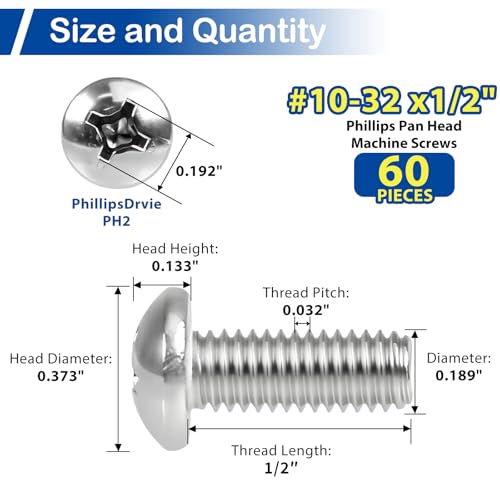 60Pcs #10-32 x 1/2" Phillips Pan Head Machine Screws, UNF Fully Threaded - size: #10-32 x 1/2"