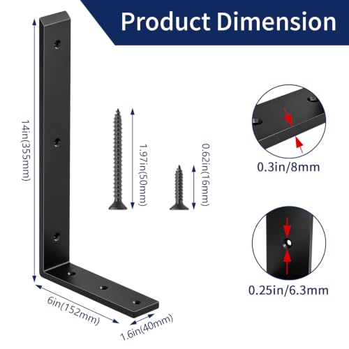 LSK 6PCS Countertop Bracket, L 14"×H 6", Heavy Duty Shelf Bracket, Black - color: Black, size: 14x6 inch (max duty)