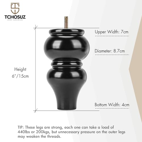 6 inch Solid Wood Furniture Spool Legs with M8 Bolts 4PCS Black - color: Black, size: 6"/15cm