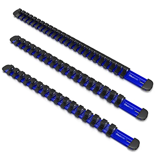 Olsa Tools 3-sets Socket Organizer Rail with Locking Caps, Blue - color: Blue, size: 3pc, 1/4, 3/8, & 1/2-Inch Drive